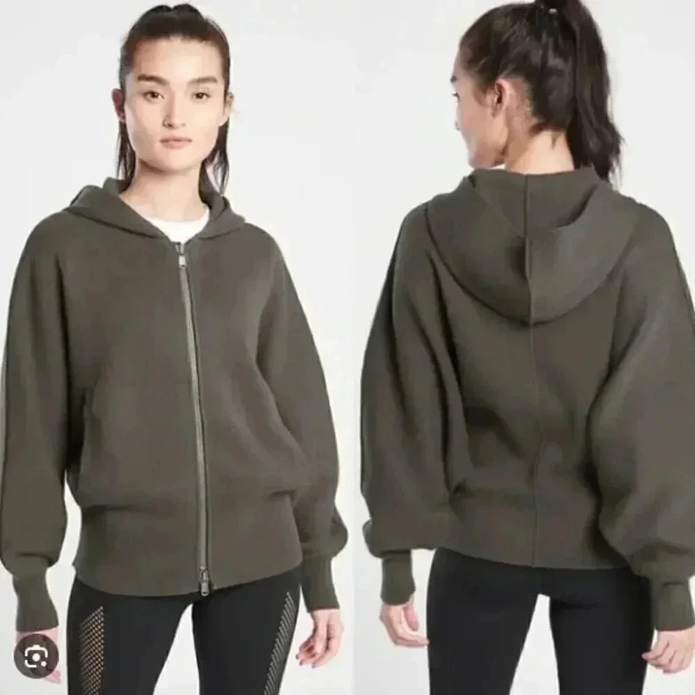 Athleta Aurora Dolman Full Zip Knit Sweater Olive Army Green Size XS